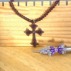 Rare vintage garnet cross pendant on a garnet and amethyst beads with brooch